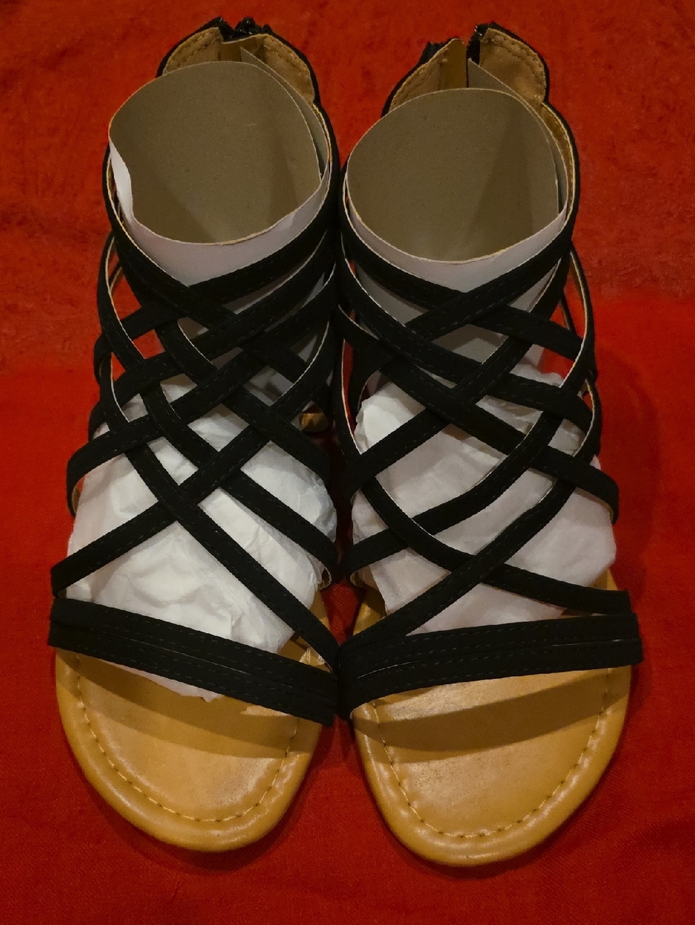 Women's Black Crisscross Strappy Sandals with Tan Footbed